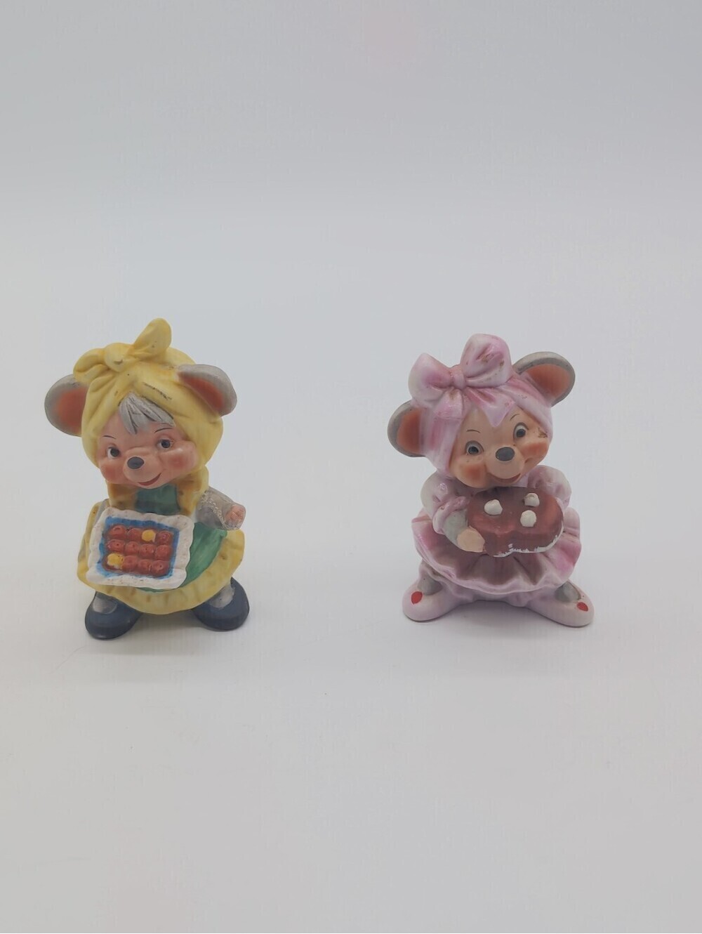 Vintage Beth Barton Bisque Pink and Yellow Cooking Mouse Figurines